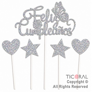 CAKE TOPPER FELIZ CUMPLEA�OS CON ESTRELLAS Y CORAZONES GIBRE PLATA